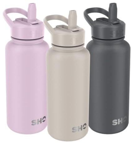 SHO Stainless Steel Guzzler Water Bottle with Straw Lid - Leakproof, Dishwasher Safe, BPA Free, No Sweat, Vacuum Insulated Double Walled Metal Flask, 950ml & 1900ml - 24 Hours Cold (Soft Taupe, 950ml)