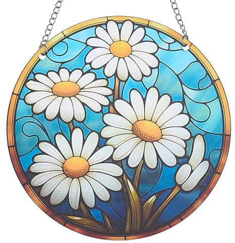 CREATCABIN Sonnenfänger Mit Blumenmotiv Buntglasfenster Behang Acrylfenster Sonnenfänger Paneel Dekor Weiß Blaue Blumen Wandkunst Buntglas Sonnenfänger Für Fenster Behang Ornament Geschenk 15x15cm
