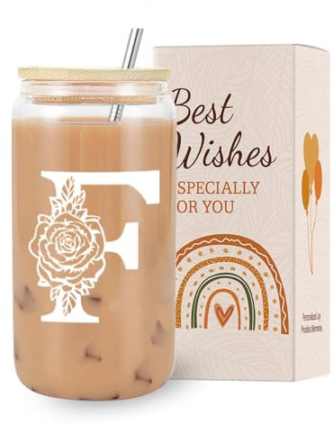 VivaJoy A-Z Initial Personalised Birthday Gifts for Women - Monogrammed Gifts for Women,Initial Letter F,Glass Cups with Lids Straws, Funny Christmas or Birthday Gifts for Her,Mum,Friend,Sister