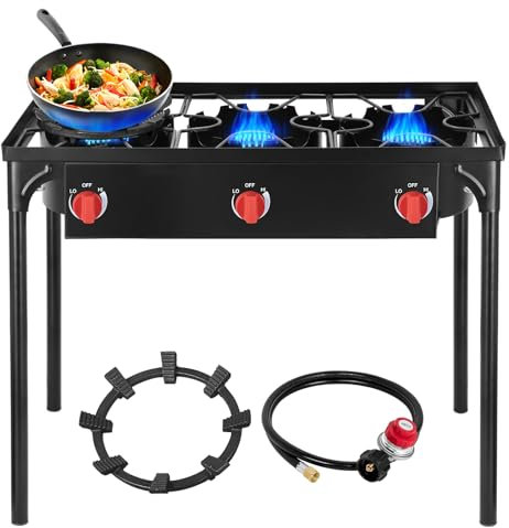 Bestfire 3 Burners Gamping Stove for Cooking Outdoor, 225,000 BTU Outdoor Propane Burners for Cooking with Removable Legs, Temperature Control Knobs and 20 PSIG High Pressure Regulator