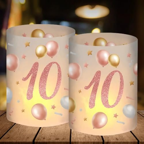 12 Windlicht Tischdeko, Deko 10. Geburtstag Mädchen, Geburtstagsdeko 10 Geburtstag Mädchen, 10 Jahre Happy Birthday Tischdeko Rosegold, Geschenk Mädchen 10 Jahre, Geeignet für Teelichter oder Kerzen