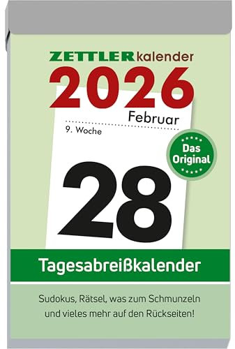 Zettler Tagesabreißkalender L 2026 – Abreißkalender 7 × 10 cm, 1 Tag pro Seite mit Sudoku, Rezepten, Rätseln & Tipps auf den Rückseiten, FSC-zertifiziert