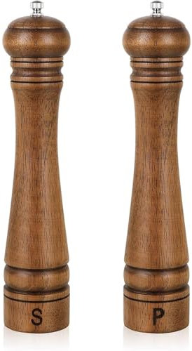 2 Pcs Wooden Salt and Pepper Grinders Set, 10Inch Updated Manual Wooden Shaker, Refillable Oak Wood Salt Mill Grinder Set with Adjustable Ceramic Rotor for Pepper,Salt,Spice