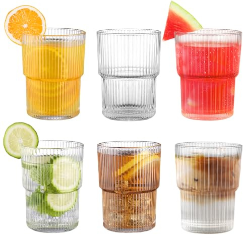 400ml Verre a Eau Nervurés, Lot de 6 Verre Strié Vintage Style Origami, Empilables Verres à Jus et Soda, Verres Cannelés pour Smoothies, Thé, Café, Cocktails, Whisky