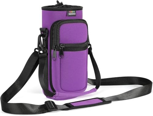 Nuovoware Water Bottle Carrier Bag, 750ml Bottle Pouch Holder, Adjustable Shoulder Hand Strap 2 Pocket Sling Neoprene Sleeve Sports Accessories for Men/Women Hiking Travelling, Purple