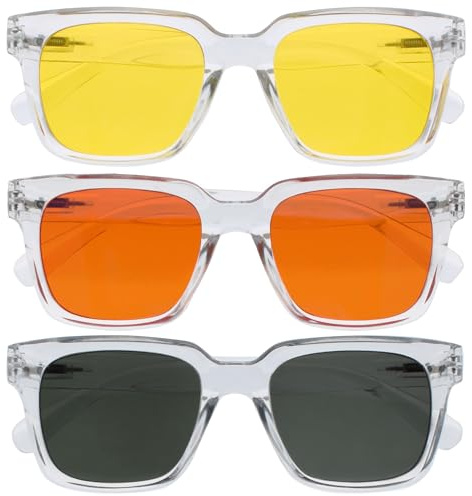 OPULIZE ERA Sunglasses - Yellow/Orange/Green Lens - 3 Pack - Anti-reflective Anti-Glare - Polarised Lenses UV400 Protection - Oversized Rectangular Frame - Spring Hinges - Clear - Mens Womens