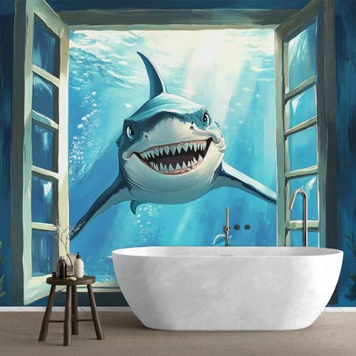 QEODAH 3D Tapete Hai Schlafzimmer, Fototapete Meerestiere, Vliestapete Blau, Tapeten Wohnzimmer Muster, Kinder Cartoon Meereswelt Wand Deko Kinderzimmer, Wandtapete, Mustertapete Vlies 150x105 cm