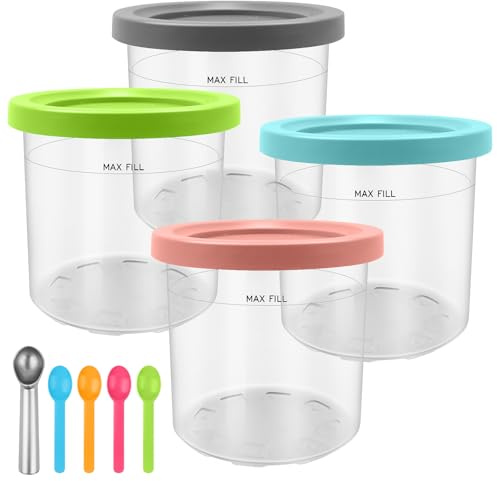 4 Pcs Ice Cream Tubs for Ninja CREAMi - Creami Pint Containers Replacement, BPA-Free & Dishwasher Safe Ice Cream Containers with Spoons, Ice Cream Tubs for Ninja Creami NC300UK NC301 CN301CO Series