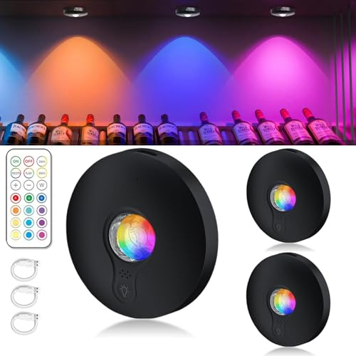 Rechargeable Puck Light with Remote, RGB Under Cabinet Lights 3 Pack Black | 1500mAh Battery, 13 Colors & 2 Dynamic Modes, Timer & Dimmer Function, Stick-On Installation, for Kitchen, Cabinet, Shelf