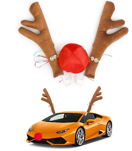XDGBGFN Rentier Auto Deko Weihnachten,Rentier Kostüm mit Rote Nase für Auto Weihnachtendeko,Rentier Geweih für Auto Deko Weihnachten (Braun)