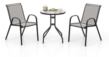 GOPLUS Bistro Set 3 teilig, Ø60cm Bistrotisch mit 2 Stühle stapelbar, Balkonmöbel inkl. Glastisch & Bistrostühle, Gartenmöbel Balkonset, Sitzgruppe Outdoor für Garten Balkon Hof Balkon (Grau)