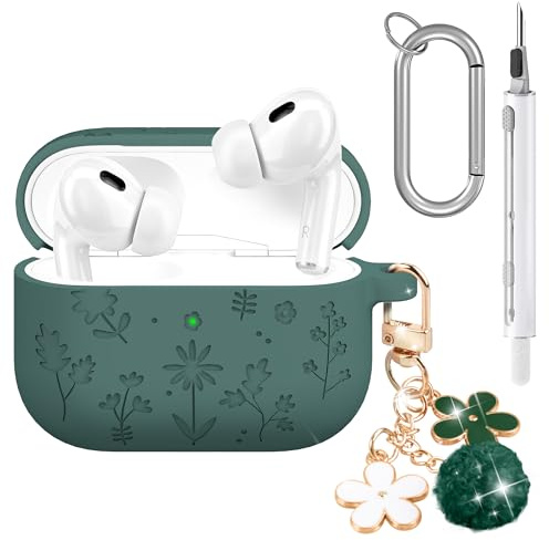 Seltureone Hülle für AirPods Pro 3 (2025) mit Reinigungsset | Weiche Silikon-Schutzhülle Stoßfest mit Blumengravur & Kirschblüten-Schlüsselanhänger Case Cover für AirPods Pro 3