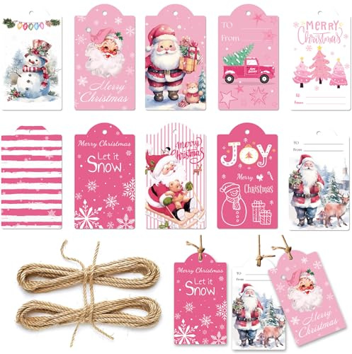 MORAINJAY 60 Stück Weihnachtsanhänger, Rosa Weihnachtsmann Tags mit 30 m Schnur, Geschenkanhänger für Verpackung, Xmas Etiketten und Winterdekoration