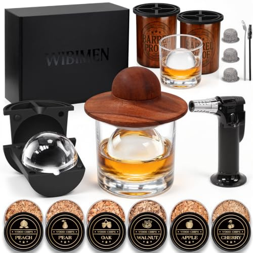 Kit de fumoir à whisky avec lampe torche, + 2 machines à glaçons transparentes et 2 verres à whisky, kit complet de fumoir à cocktail pour l'ancienne/bourbon/scotch, cadeau parfait pour homme/papa