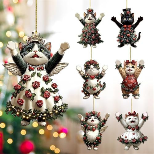 7 Stück Katzenschmuck für Den Weihnachtsbaum Deko, Acryl Heimdekoration Weihnachtsdeko Katzen Anhänger Als Christbaumschmuck, Weihnachts-Hängedekorationen, Neujahr, Auto-Hängeornament Dekoration