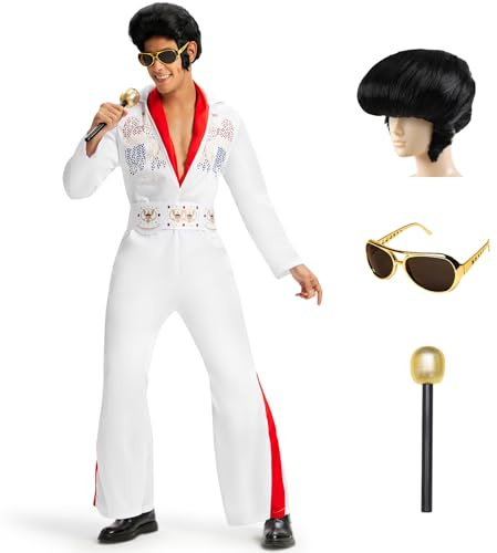 Ulikey Elvis Kostüm Herren, 6-Teiliges 50er 70er Jahre Outfit Herren mit Elvis Perücke, Sonnenbrille, Mikrofon, Roter Schal, Weißer Gürtel, disco kostüm herren für Karneval, Cosplay Party