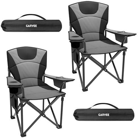 GarveeHome 2er Campingstuhl faltbar bis 200 KG belastbar, Ultragroßer Angelstuhl 64 cm mit hoher Rückenlehne & Polsterung, Camping Stuhl Sessel inkl. Tragetasche für Garten Balkon Strand Schwarz/Grau