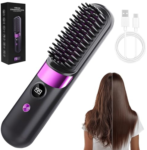 Stylingbürste für Kurze Haare, Damen Tragbare Glättbürste Kabellos, Wiederaufladbar Elektrische Haarbürste mit 4 Wärmestufen, Glättungsbürste für Reisen und Täglichen Gebrauch