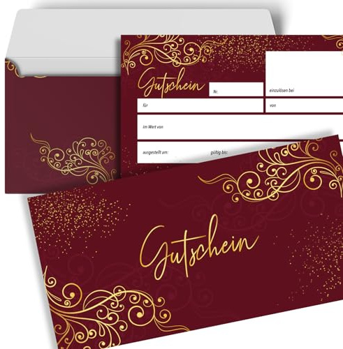 heaven+paper 50 Blanko Gutscheine mit Umschlägen zum Ausfüllen Geschenkgutschein für Restaurant, Massage, Nagelstudio, Friseur, Beauty, Einzelhandel, B2C (Burgundy)