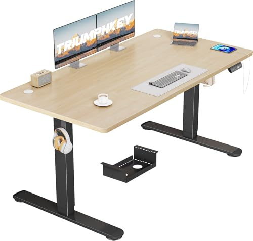 TRIUMPHKEY Höhenverstellbarer Schreibtisch 140x70, 18mm Tischplatte & USB-A | Schreibtisch Höhenverstellbar mit 3 Memory-Steuerung,Sitz‑Erinnerung,Kabelbox, Computertisch,Standing Desk,Beige+schwarz