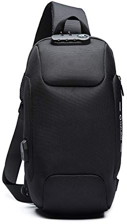 FANDARE Neu Herren Schultertasche Brusttasche mit Passwortschloss, USB, Reflektierende Streifen Umhängetasche Rucksack Sporttasche für Abenteuer,Reisen und Joggen Wasserdichtes Polyester Schwarz