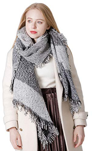 MAKFORT Damen XXL Schal Winter Kuschelig Warm Imitation Kaschmir Tuch Karo Halstuch Scarf 205x65,Grau