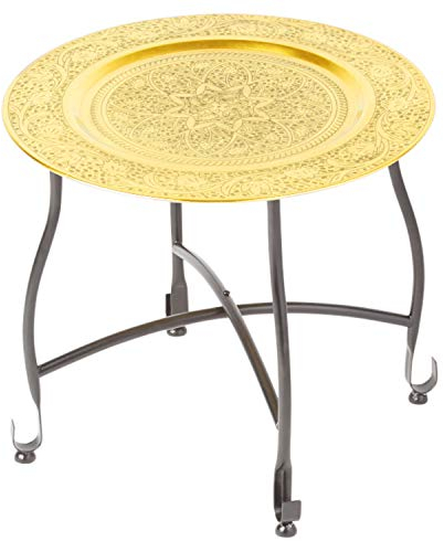 Marokkanischer Tisch Beistelltisch aus Metall Sule ø 40cm rund | Orientalischer runder Teetisch klein mit klappbaren Gestell in Schwarz | Das Tablett diese Klapptische ist orientalisch in Gold
