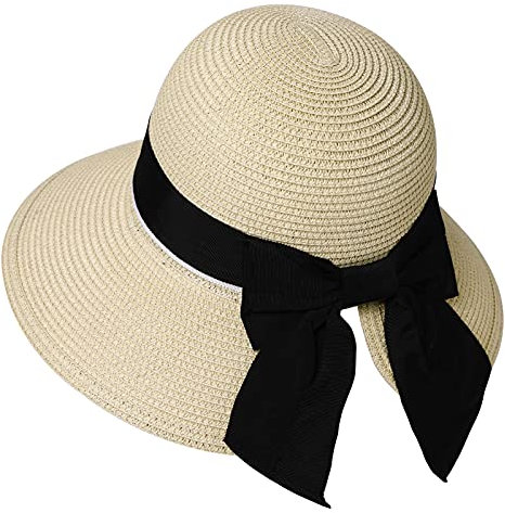 Comhats Damen Faltbarer Strohhut Sommerhut UPF 50 + mit Sonnen Shade breite Krempe Beige M