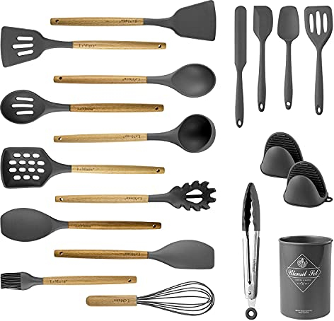 Lemuna 18pcs Silikon Küchenutensilien Set, Küchen Kochutensilien mit Halter, Holzgriff Silikon Utensilien Set, Hitzebeständig, BPA-frei, Nicht giftig, Grau