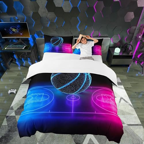 Castle Fairy Cooles Basketball-Bettwäsche-Set für Doppelbett, Neon-Farbverlauf, Bettdeckenbezug, Basketballplatz, Bettdecke, Set für Kinder, Jungen, Mädchen, Sportspiele, dekorativ, 2-teilig