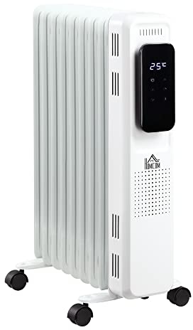 HOMCOM Radiatore a Olio a 9 Elementi, Temperatura Regolabile, 3 Livelli di Riscaldamento e Timer, 42.5x24x63cm, Bianco