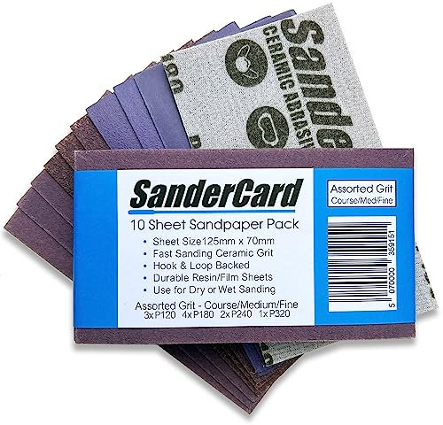 10 hojas de papel de lija de grano surtido, 125 mmx70 mm, grano de cerámica de lijado rápido, respaldo de fieltro para bloques de lijado, arena de madera, pintura y metal, seco o húmedo, grano fino