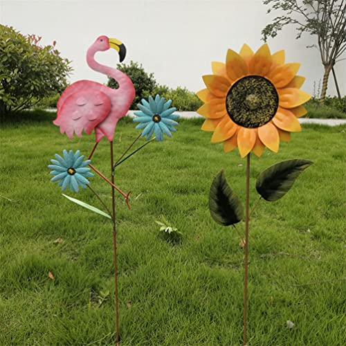 Happyyami Flamingo Gartenstecker Metall Gartenstab Garten Windmühle Gartenfigur Dekostecker Vogelabwehr Gartenpfähle Vogelschreck Blumenstecker Garten für Terrasse Rasen Weg Patio Gartendeko