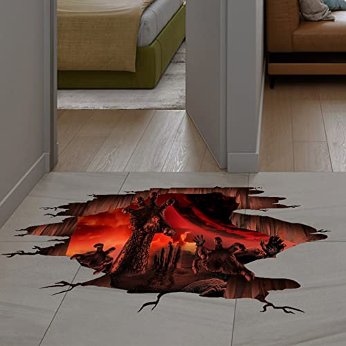 Cockjun Halloween 3D Boden Aufkleber, Skelett Blut Mann, Teufel aus der Hölle, Gothic Wandtattoo Angebracht Bodenaufkleber, Wohnzimmer Schlafzimmer Boden Halloween Dekoration (Rot)