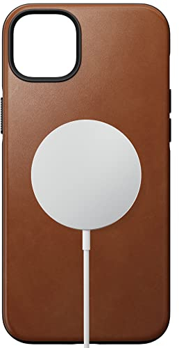 NOMAD Modern Leather Case für iPhone 14 Plus | Schutzhülle aus Polycarbonat und hochwertigem Echtleder | MagSafe-kompatibel | Farbe: Hellbraun