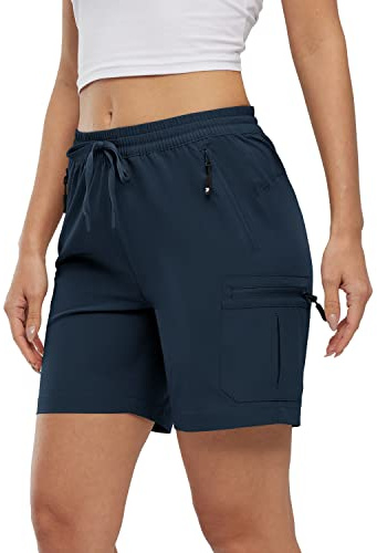 Rdruko Womens Hiking Cargo Shorts with 4 Zip Pockets | Drawstring Elastic High Waist Summer Casual Lightweight Quick Dry Outdoor Water Resistant Shorts for Work Travel Golf Walking
