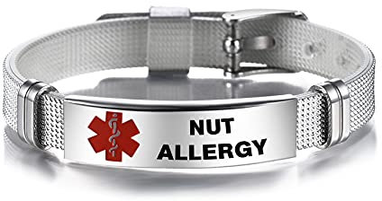 LSxAB Red Medical Alert Nut Allergy Identification Bracelet for Women Mens First Aid Seniors Health Alarm Laser Engraved Adjustable PVC Band Wristband Bracelets