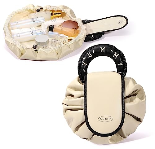 Deciniee Drawstring Reise Kosmetiktasche Damen: Leder Schminktasche Groß mit Kordelzug - Makeup Tasche One-Step Organizer für Damen MäDchen - Aprikose