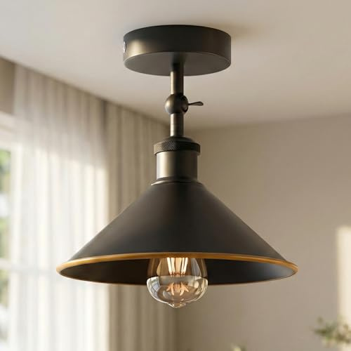Halbbündige Deckenleuchte im Retro-Stil mit Gleichspannung, Winkel verstellbar, Vintage-Industrie-Deckenlampe, E27, Flurlampe für Küche, Badezimmer + kostenlose Glühbirne (Black and Gold Edge 22cm)