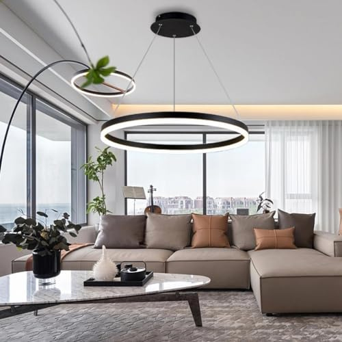 Pendelleuchte Moderne LED Esstisch Kronleuchter Wohnzimmer Dimmbar mit Fernbedienung Kreativ Pendellampe Rund Ringe Hängeleuchte Metall Acryl Hängelampe Esszimmer Lampe Wohnzimmer Leuchte(Color:Schwar