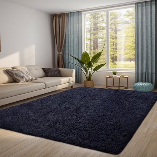 QUINZI Teppich 160x230 Wohnzimmer Schlafzimmer weicher zotteliger Teppich moderner Flauschiger Teppiche Rutschfester waschbarer (Dunkelblau)