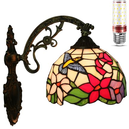 Uziqueif Wandleuchte Innen Vintage, 8 Zoll Tiffany Wandlampe mit Retro Metallsockel und Glühbirne,E27 Wandlampen für Restaurant Schlafzimmer Badezimmer Flur,Bettlampe,Treppenhaus Lampe,Hummingbird h