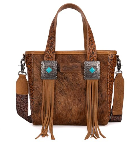 Montana West Wrangler Tragetasche aus Rindsleder für Damen, Western-Werkzeugtasche, Lederfransen mit türkisfarbenem Stein-Concho