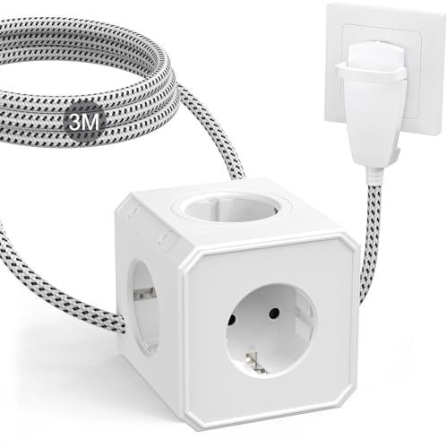 Cube de Prises avec Fiche Plate, 5 en 1 Prise Multiple Cube (250V/16A), 5 Prise de Multiples, Prise Multiple Distributeur de Prises avec Câble Tressé de 3M pour Bureau, Maison, Blanc