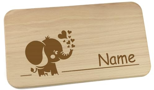 Personalisiertes Frühstücksbrettchen aus Holz mit Motiv und Name graviert Motiv Elefant mit Herz