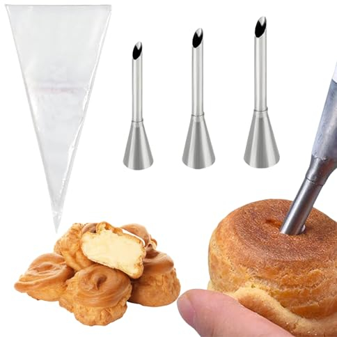 Cream Piping Nozzles,3 Pcs Long Puff Nozzles Filling Piping Nozzle Icing Piping Tips with 20Pcs Piping Bags for Eclair,Donuts,Muffins,Cupcakes,Pastry,Cakes