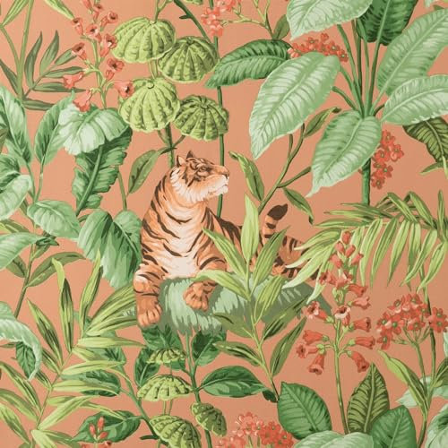 Floral Tiger Terracotta Wallpaper - Flowers Botanical Tropical Animal Print - Stylish Textured Vinyl Feature Wall