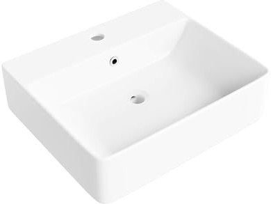 Eridanus Rechteckiges Keramik-Waschbecken für Badezimmer, Wand-Waschbecken aus glasierter Porzellan, Hänge-Waschbecken, Hochglanz-Weiß, 500 x 420 x 135 mm