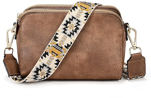 UTO Kleine Umhängetasche Damen Stylisch Leder Handbag Vielen Fächer Breiter Gurt Crossbody Bag mit Verstellbarer Schultergurt Schultertasche PU Kunstleder Braun