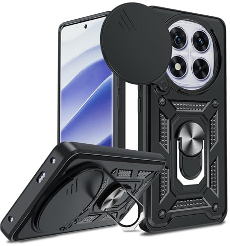 LeYi Funda para Xiaomi Redmi Note 14 Pro 5G/ Xiaomi Poco X7 5G,Carcasa Cubierta de cámara Deslizante Fundas móvil Capa Proteger Anillo Soporte Silicona TPU Armor Bumper Case，Negro